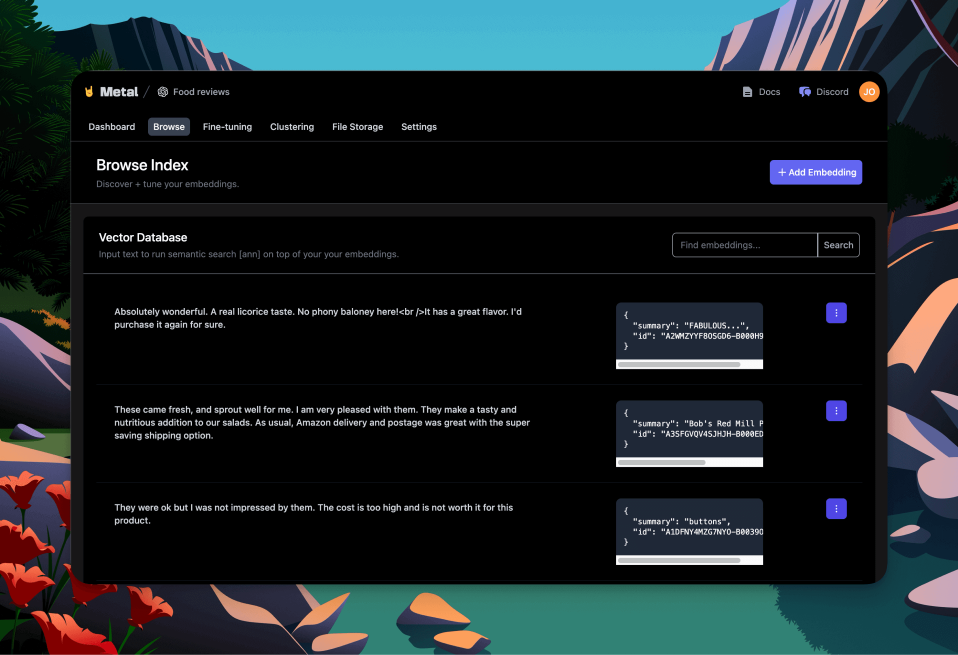 Metal 仪表盘截图，展示了 Browse Index 功能和示例数据。